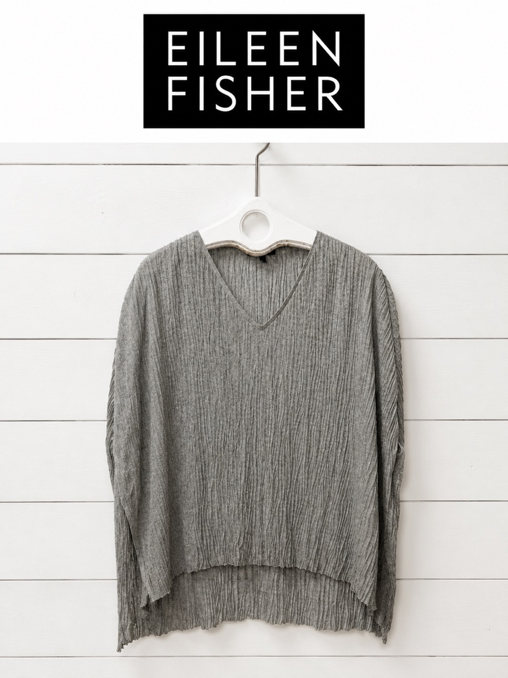 Eileen Fisher Sheer Crinkled Knit Top - Light Gray - Size L